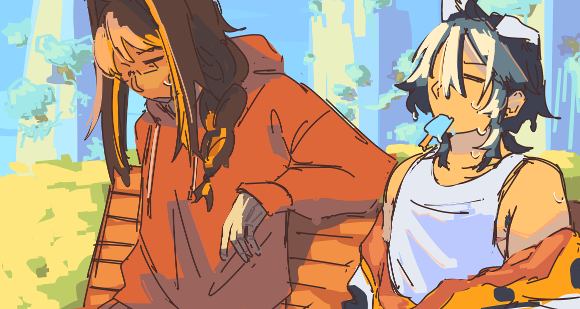 Ethan and Pina resting on a bench, tired during a hot day. Ethan is sweating, jacket open, with a popsicle in his mouth. Pina rests her elbow on the backrest.