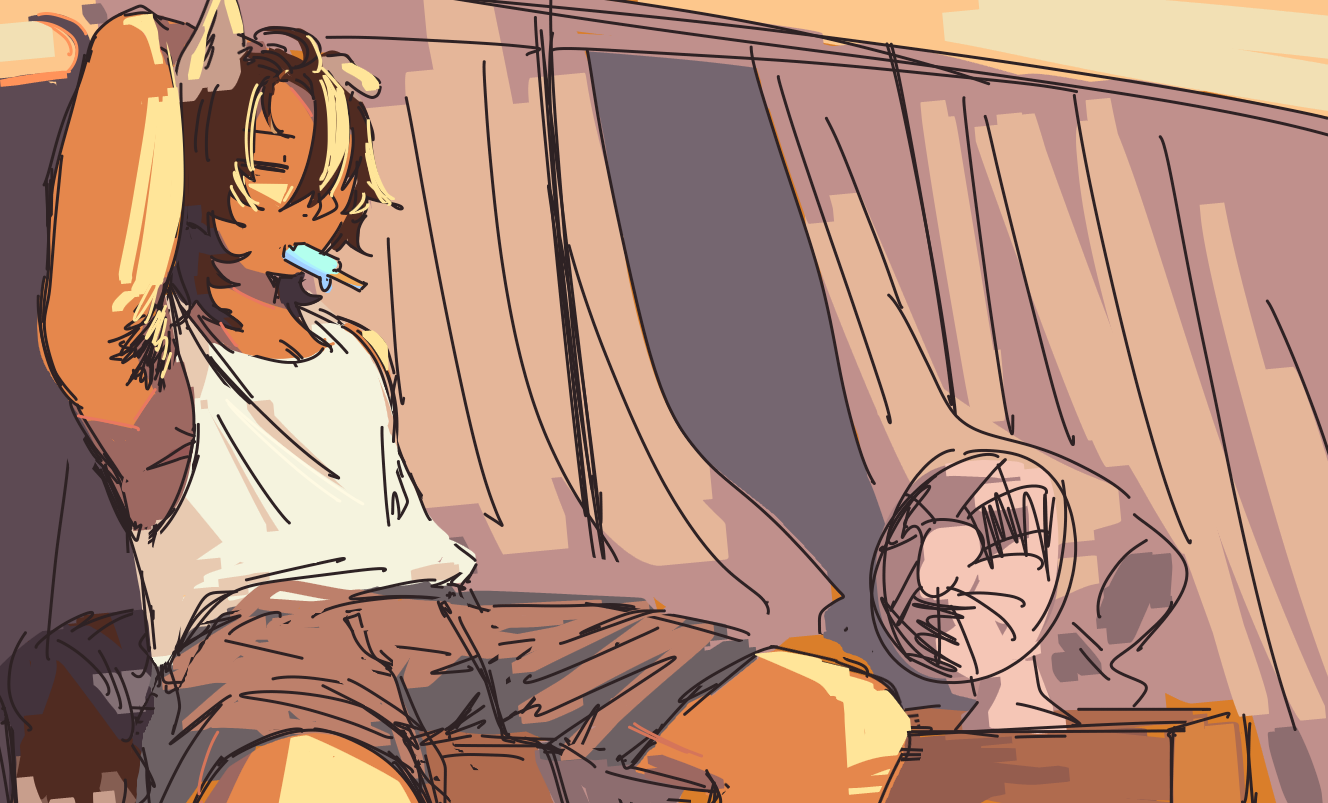 Ethan sitting on a box popsicle in his mouth, fan pointed towards him. He is in a tank top and shorts.