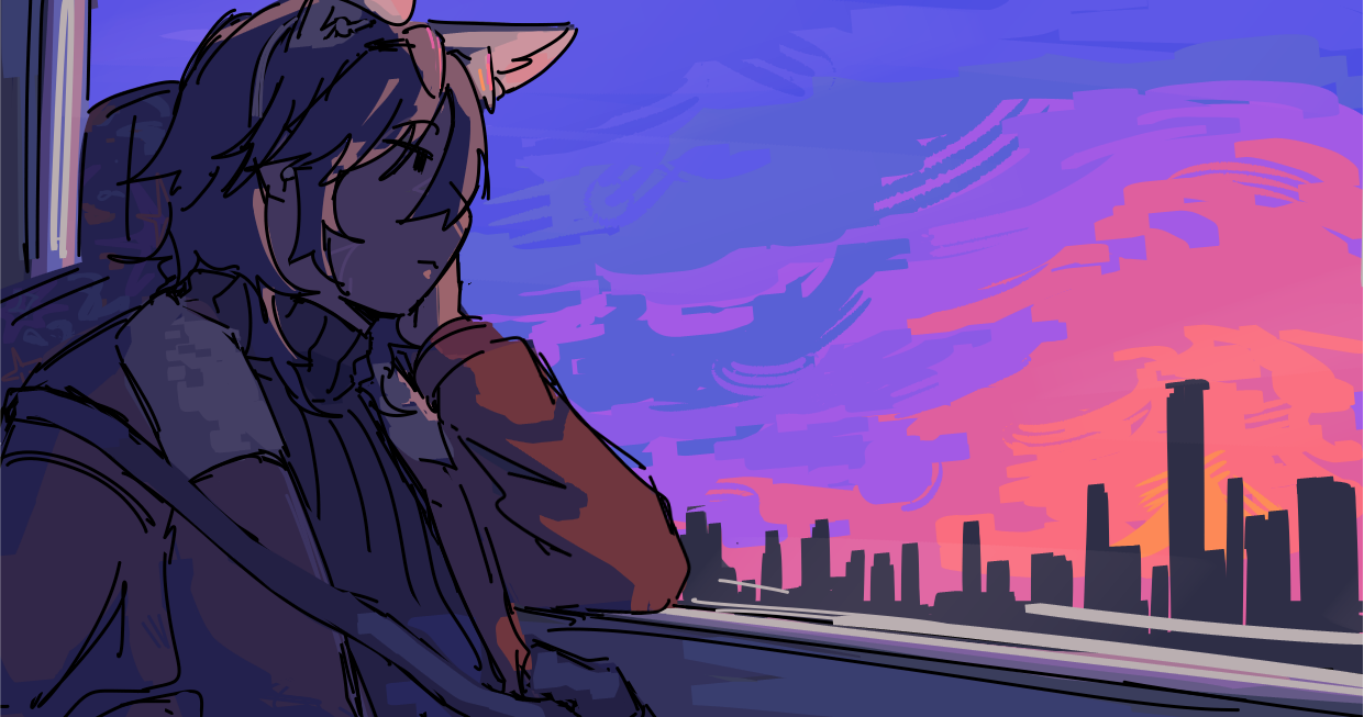Ethan looking out a train window, resting his face on his palm. The sky is a sunset of blue, purple, and pink.