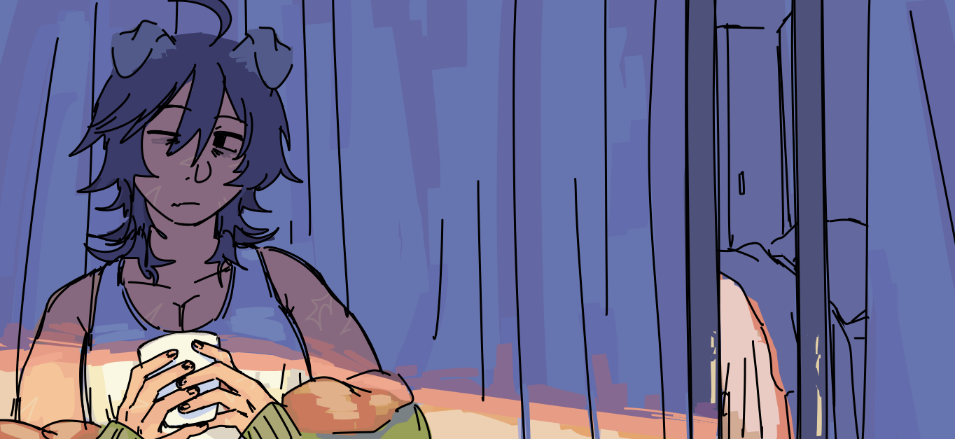 Ethan leaning on a sliding door and holding a mug. Behind him is a room obscured by curtains. It is sunrise.