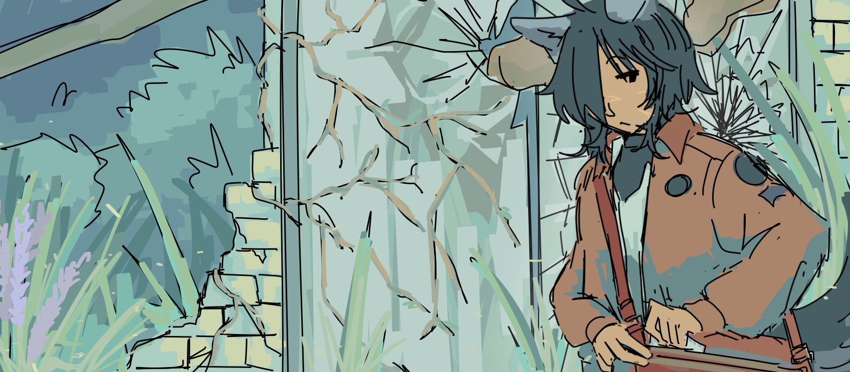 Ethan walking along an abandoned, overgrown, run-down building. He is checking his bag for a letter.