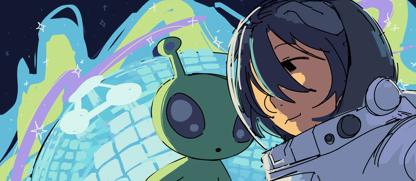 Ethan in orbit, in space next to an alien. Behind them is a colorful galaxy pattern and a planet full of grid arrays.