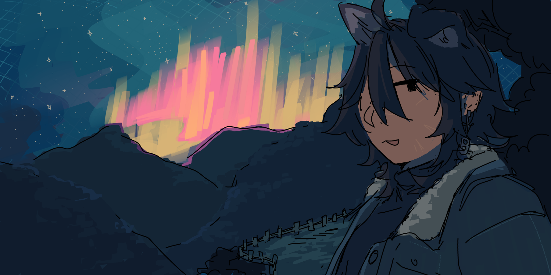 Ethan in the mountains, looking at the viewer. It's night time, behind the mountains is an aurora.