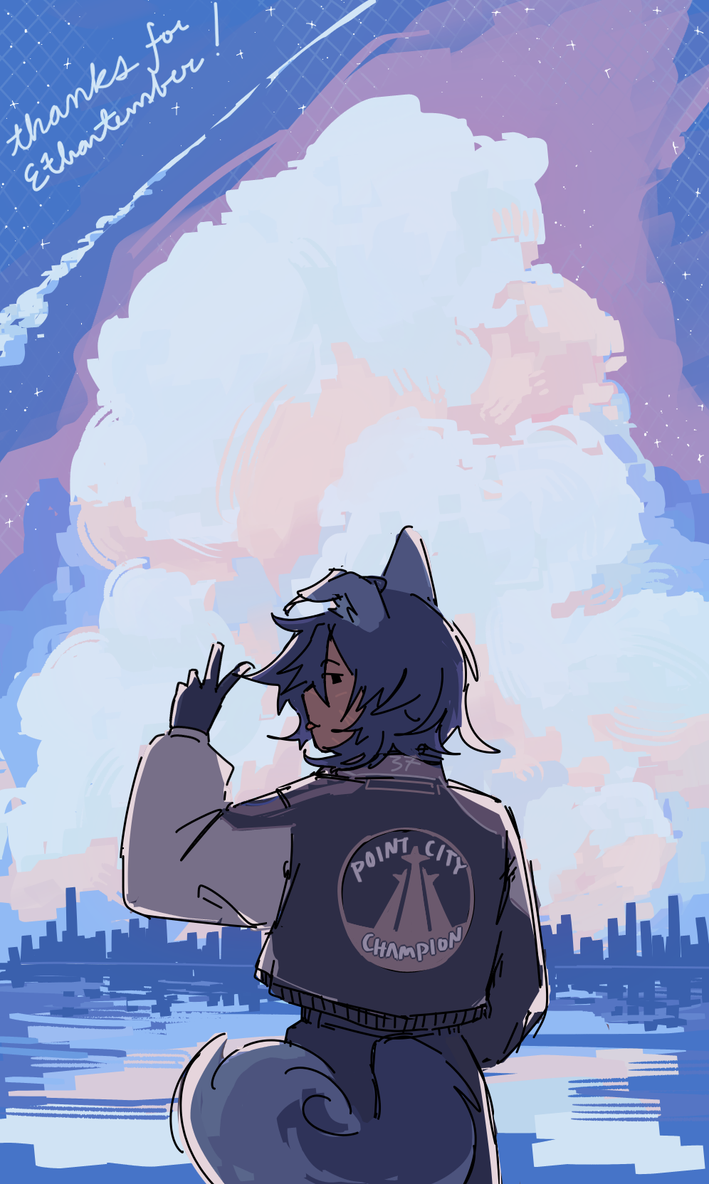 Ethan facing away from the viewer, making a peace sign and sticking his tongue out. In front of him is a large pink, blue, and white cloud, and a cityscape reflected, reflected in a calm bay. Grids of stars are scattered across the sky. Thank you for Ethantember!