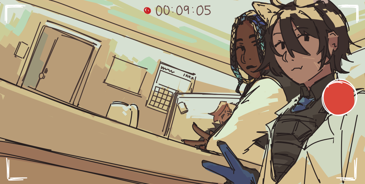 Ethan and Aurora doing peace signs at a camera, not listening to what August is talking about.