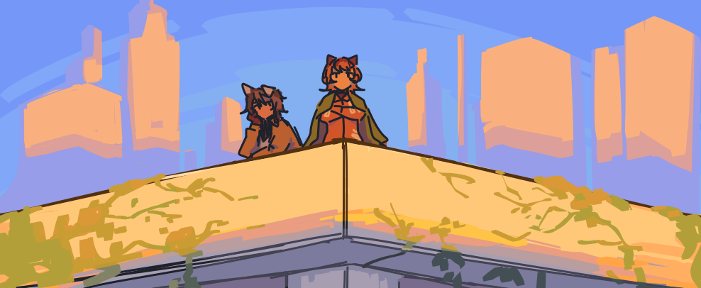 Ethan and Fiore stand on an overgrown parking building rooftop. Fiore looks down, jacket on shoulders, while Ethan leans on the wall.