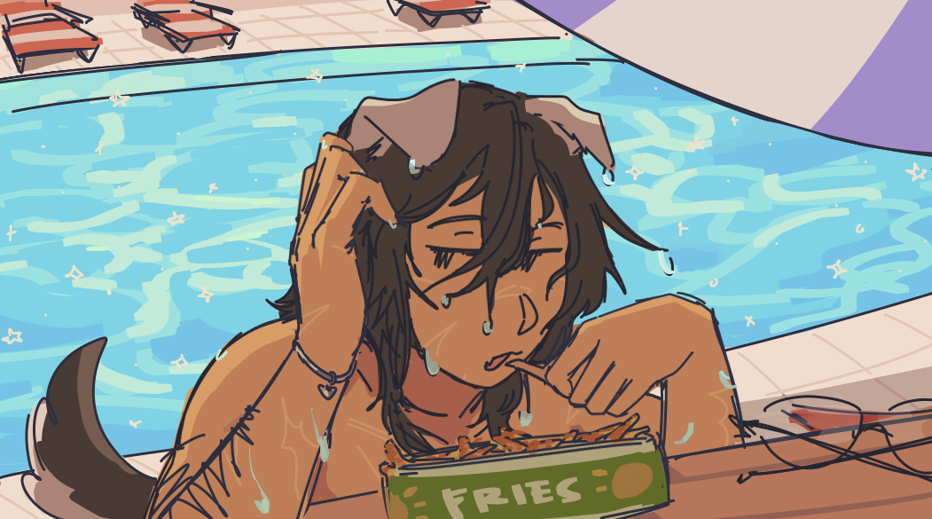 Ethan crouching over a poolside table, eating fries. He is soaking wet, having just gotten out of the pool. The sun is directly overhead, he sits under an umbrella.