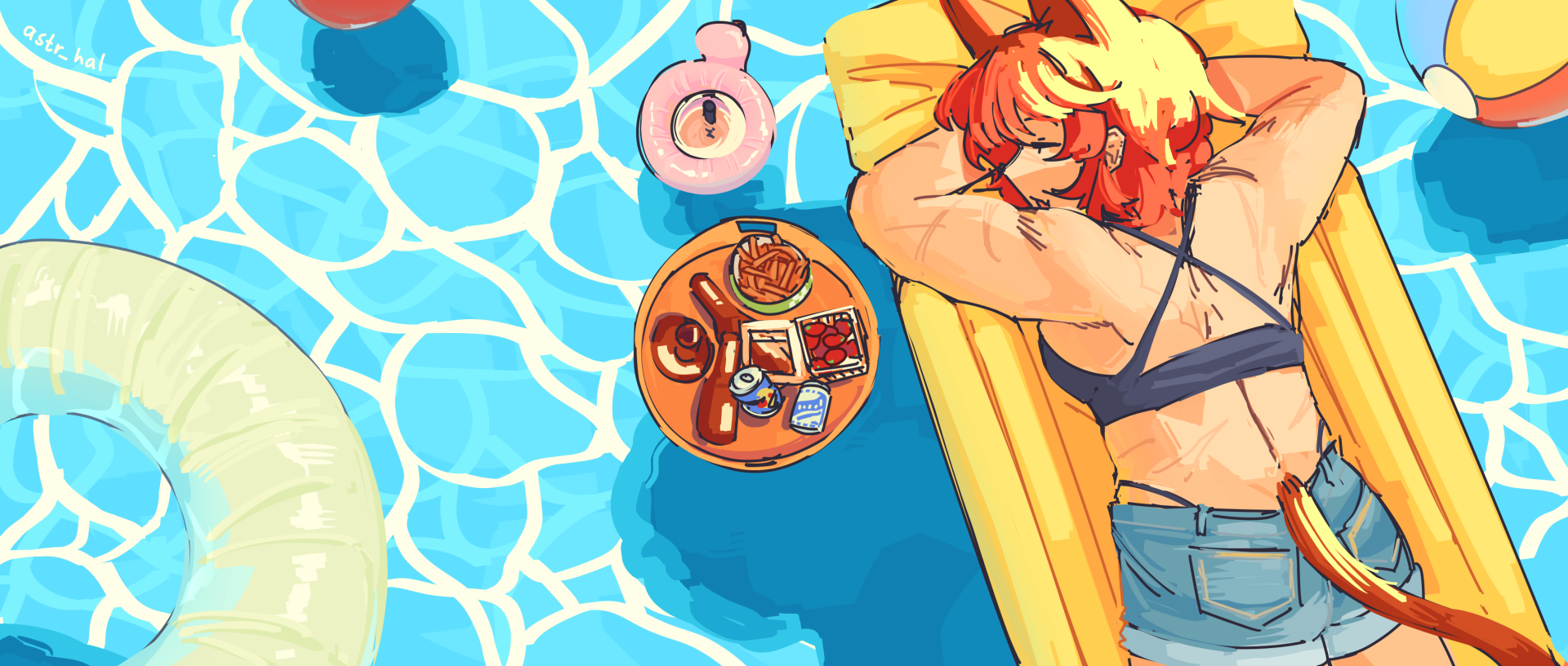 Fiore relaxing in a pool on top of a pool floatie. She's surrounded by other floaties, including one with drinks and snacks.