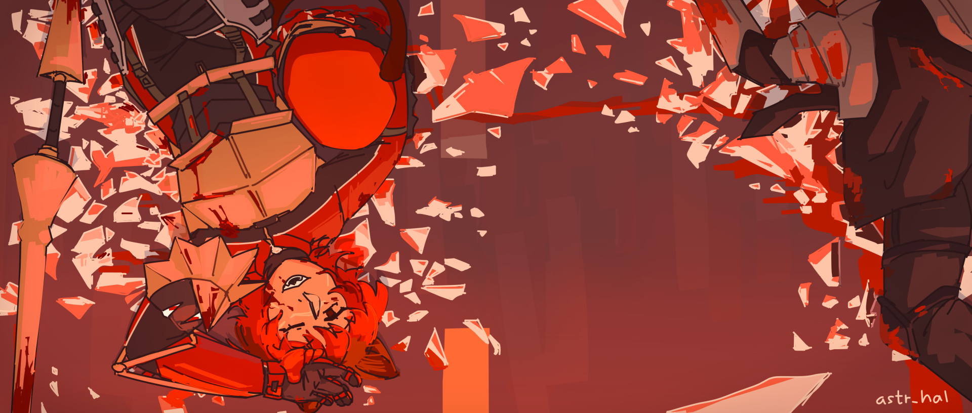 Fiore smiling, covered in blood and shards of glass in a loud, red palette. On the right, a body, lifeless.