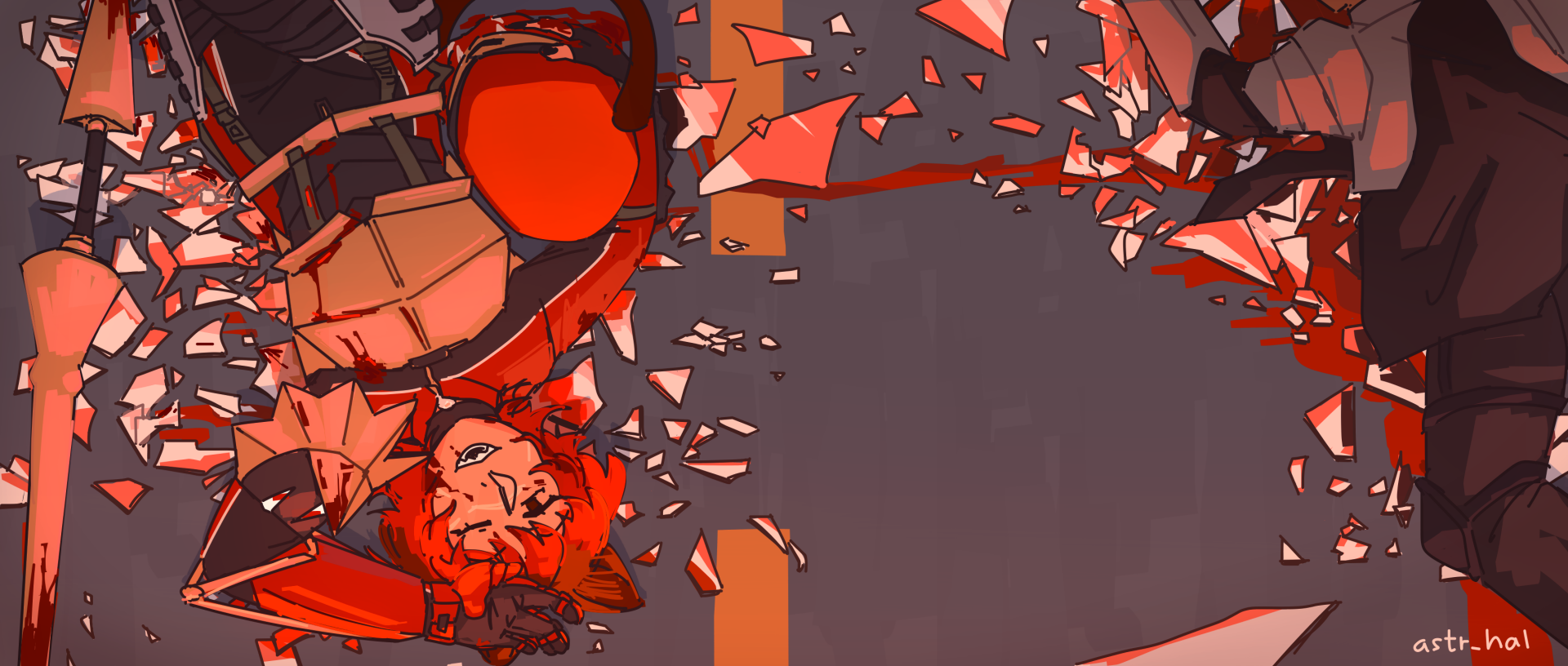 Fiore smiling, covered in blood and shards of glass in a slightly palette. On the right, a body, lifeless.