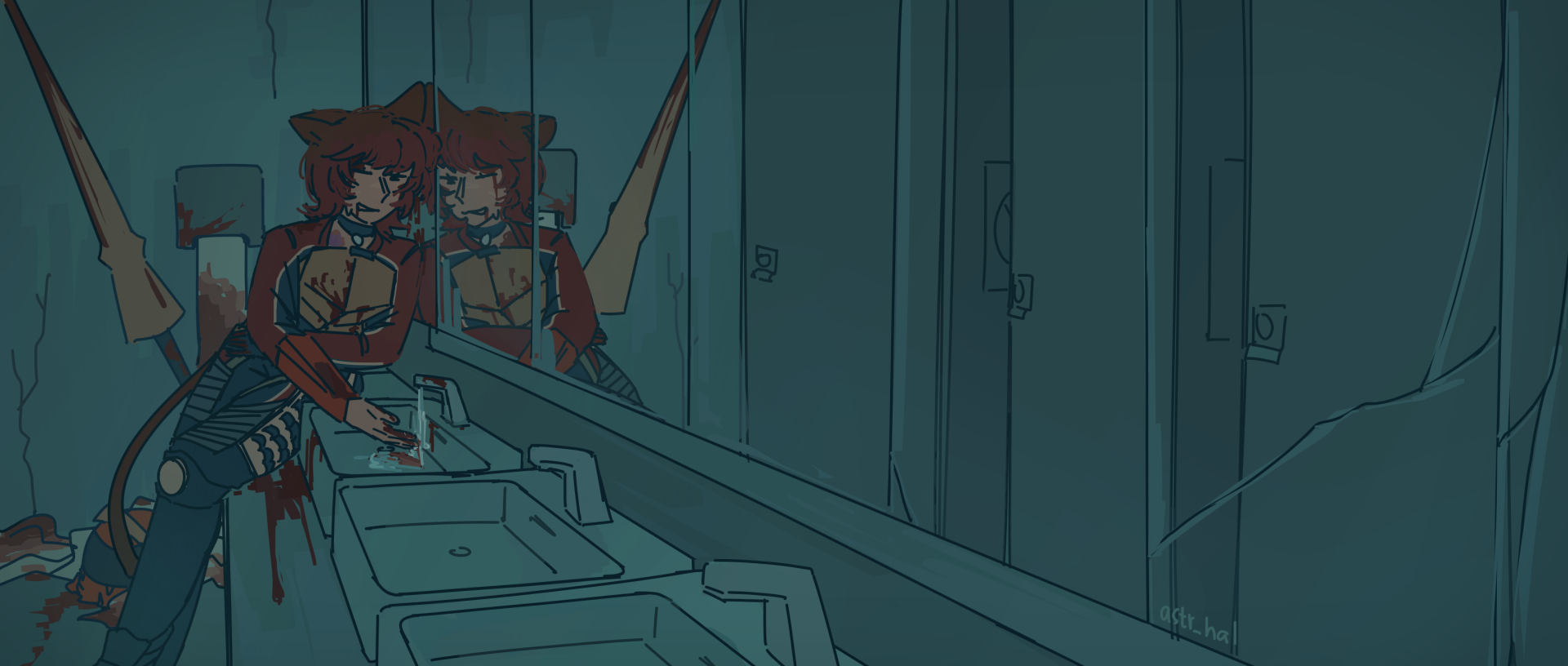 A bloodied, beaten up Fiore washes her hands as she leans against the bathroom mirror.