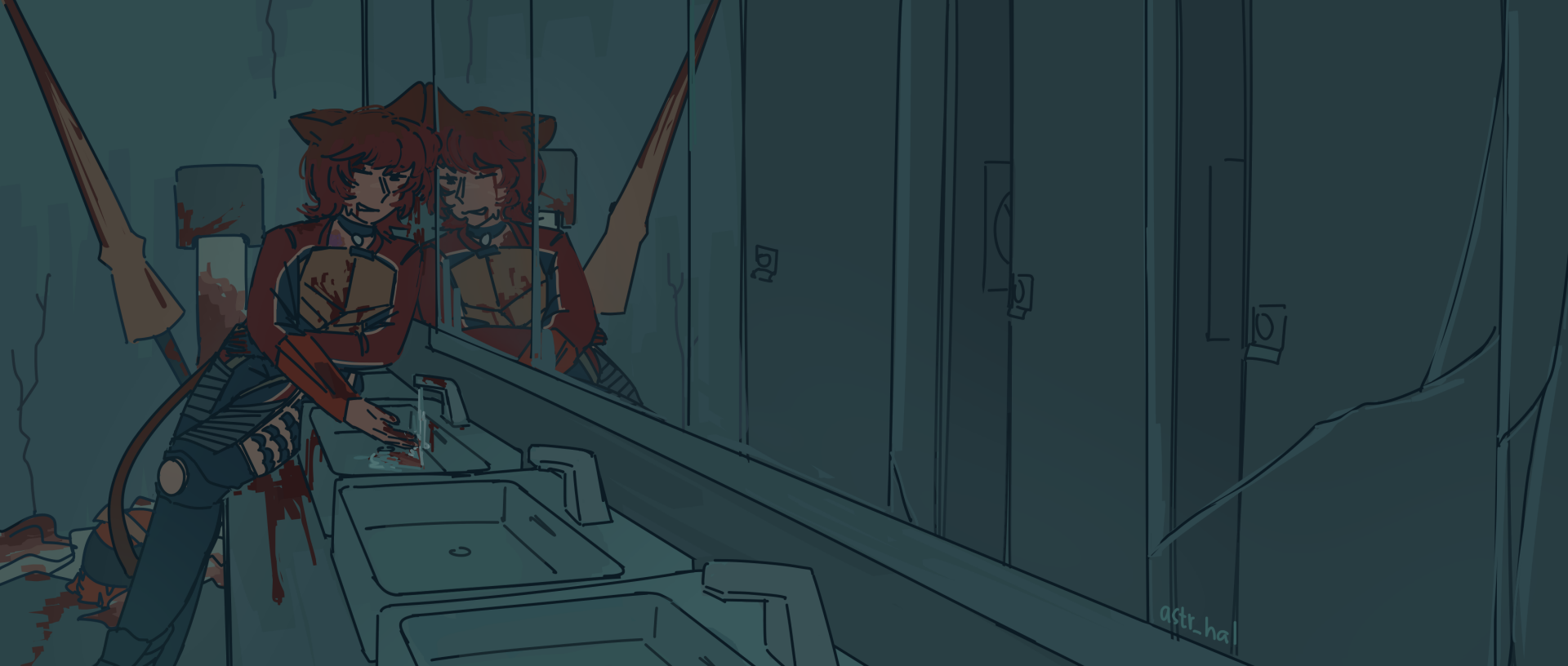 A bloodied, beaten up Fiore washes her hands as she leans against the bathroom mirror. Colors are slightly less dramatic.