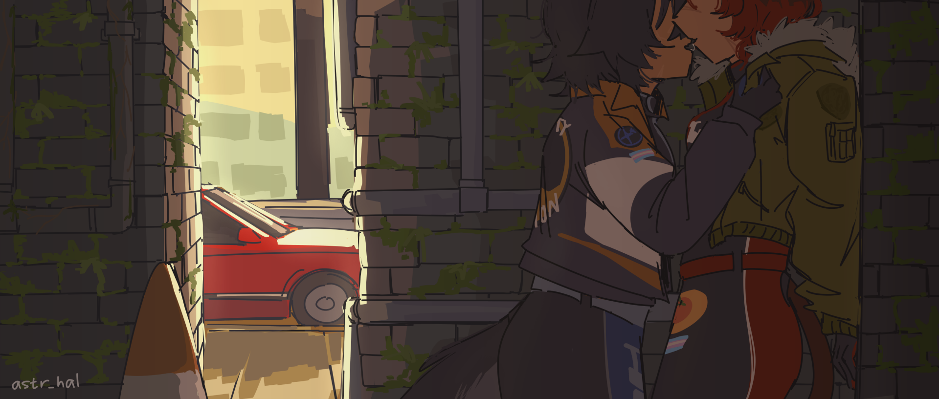 Fiore and Ethan breaking away from a kiss in the corner of an alley. Fiore's car is parked in front. They're wearing jackets on top of their racing suits.