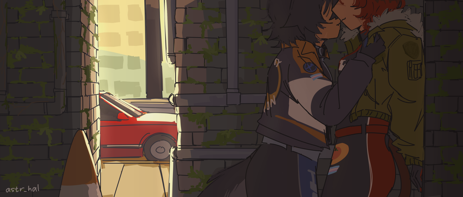 Fiore and Ethan in the corner of an alley, faces close. Fiore's car is parked in front. They're wearing jackets on top of their racing suits.