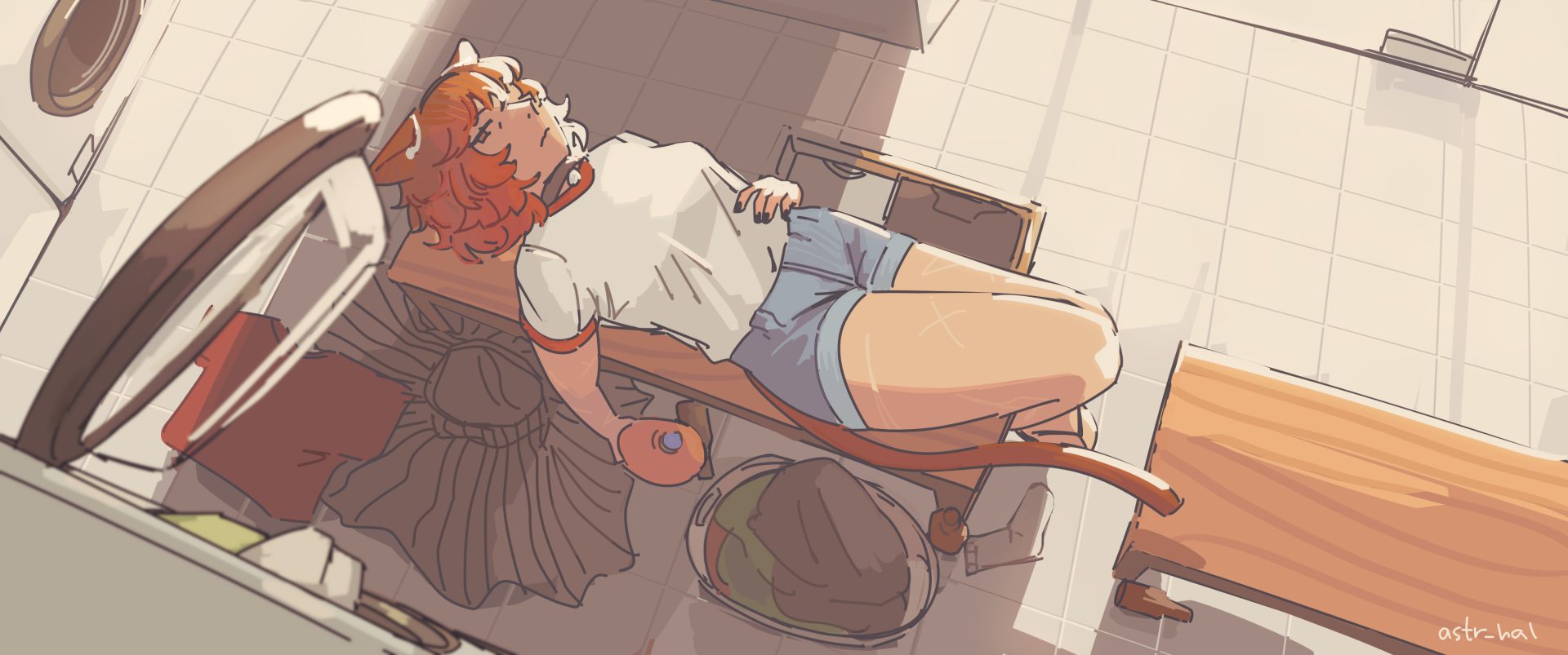 Fiore hungover in a laundromat, lying on a bench and staring at an open dryer.