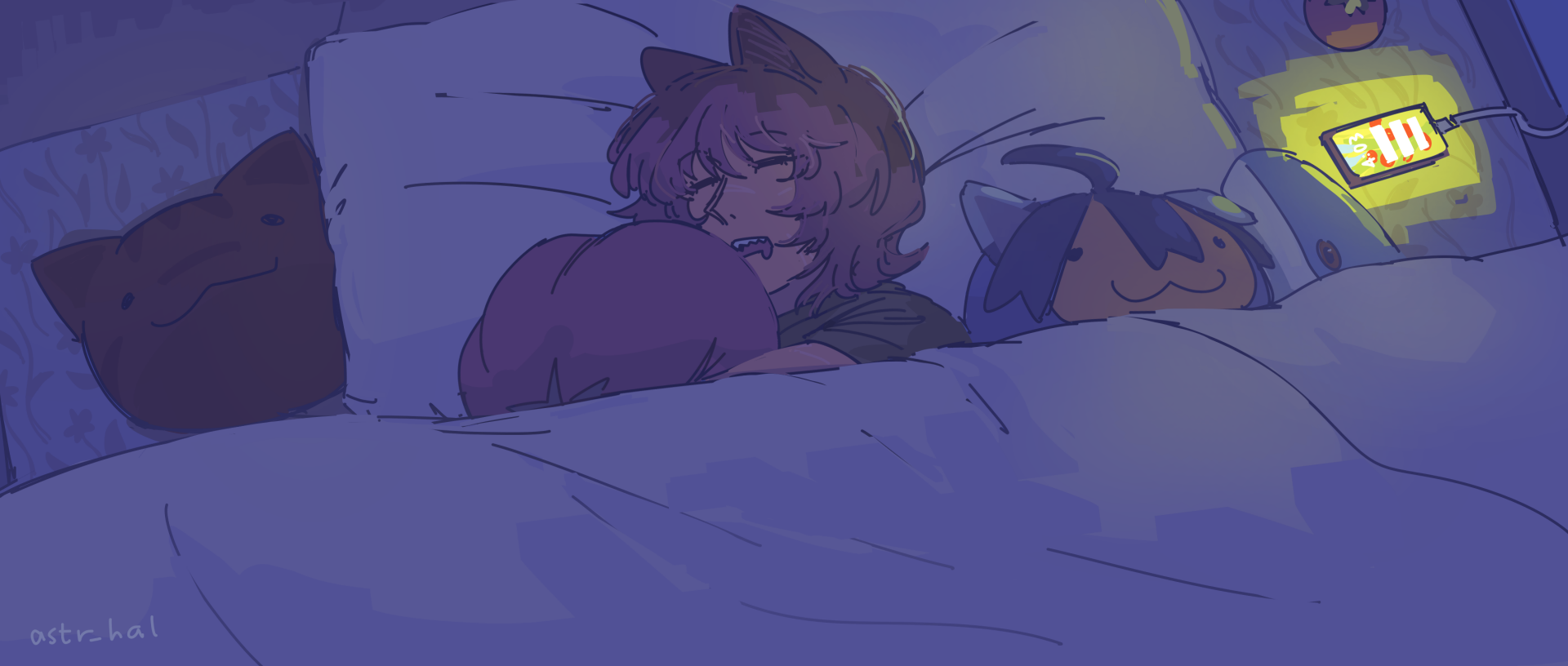 Fiore in bed, surrounded by plushies. Her phone is lit up with notifications.