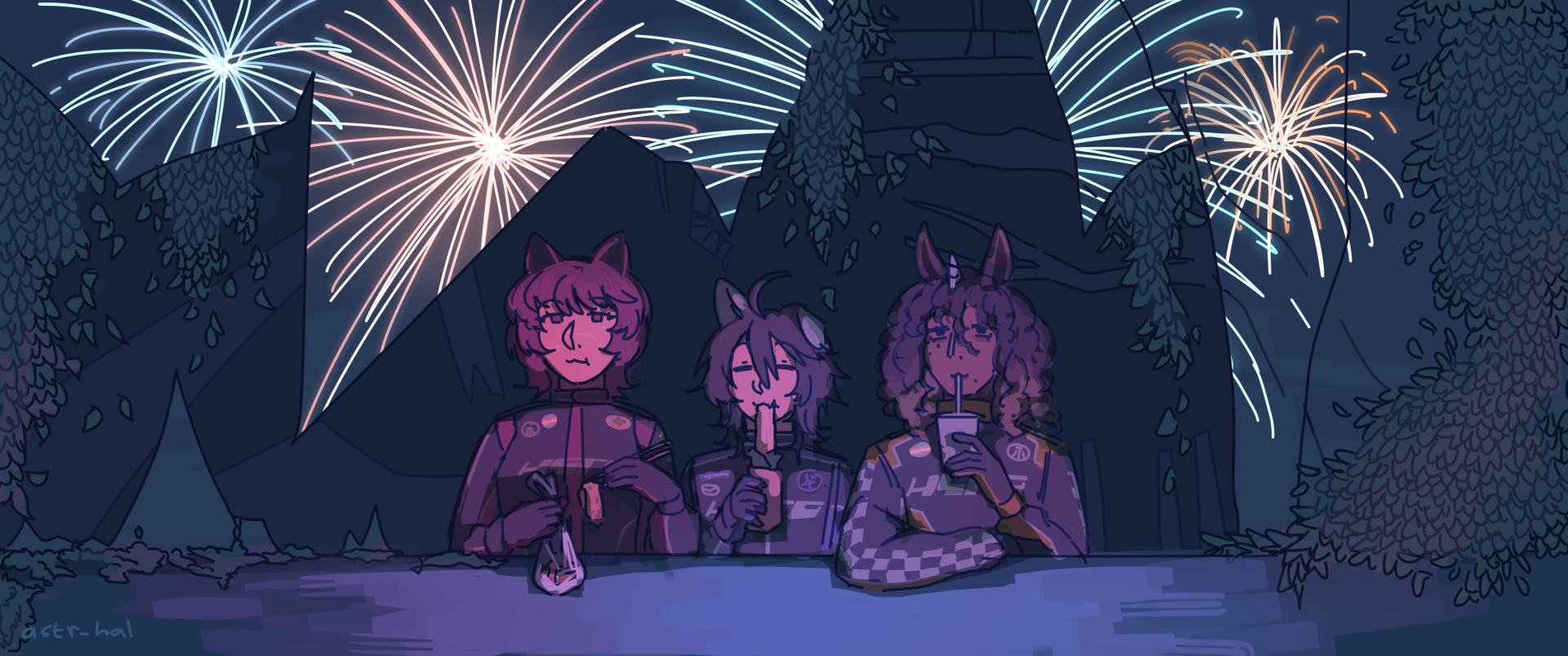 Fiore, Ethan, and a unicorn guy snacking while watching the fireworks from an overgrown building.