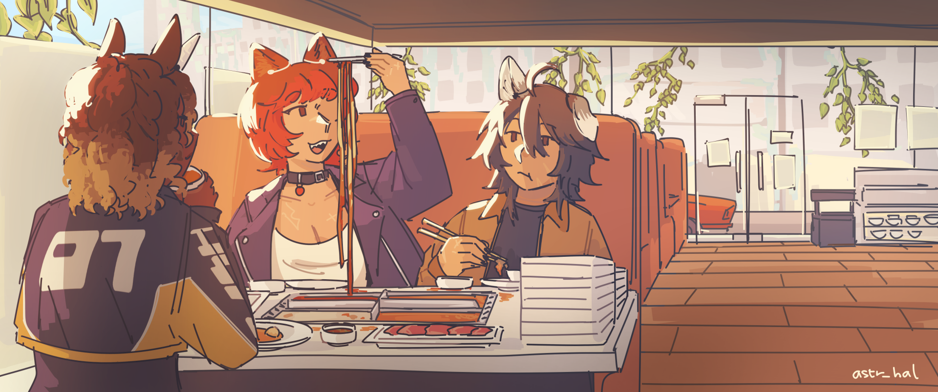 Fiore, Ethan, and unicorn guy eating hot pot in an empty restaurant, Fiore is amazed at the long noodles she pulled out.