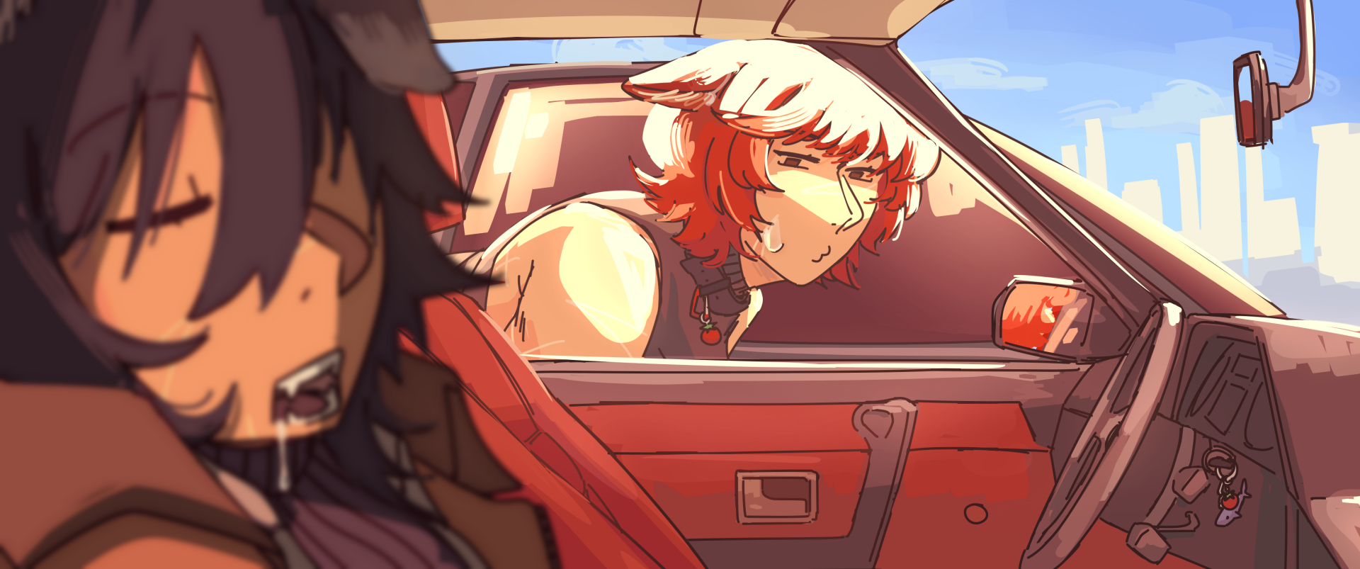 Fiore outside her car, awkwardly looking at a sleeping Ethan as she's locked outside.