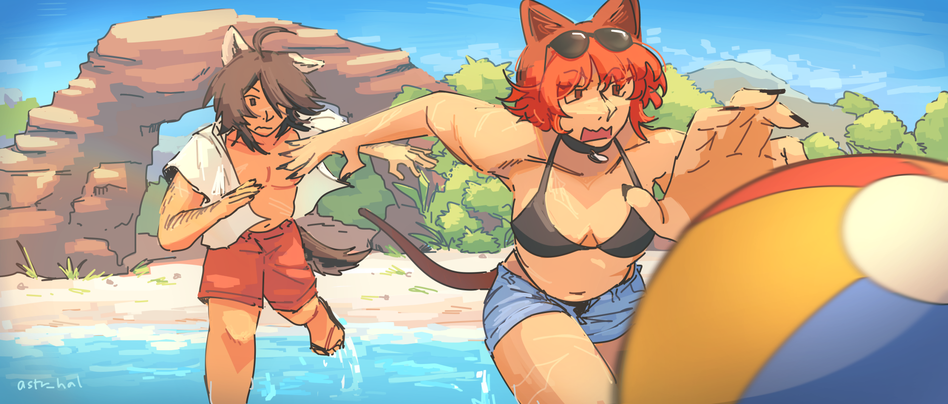 Fiore and Ethan at a beach chasing after a beach ball, both of them in swimwear.