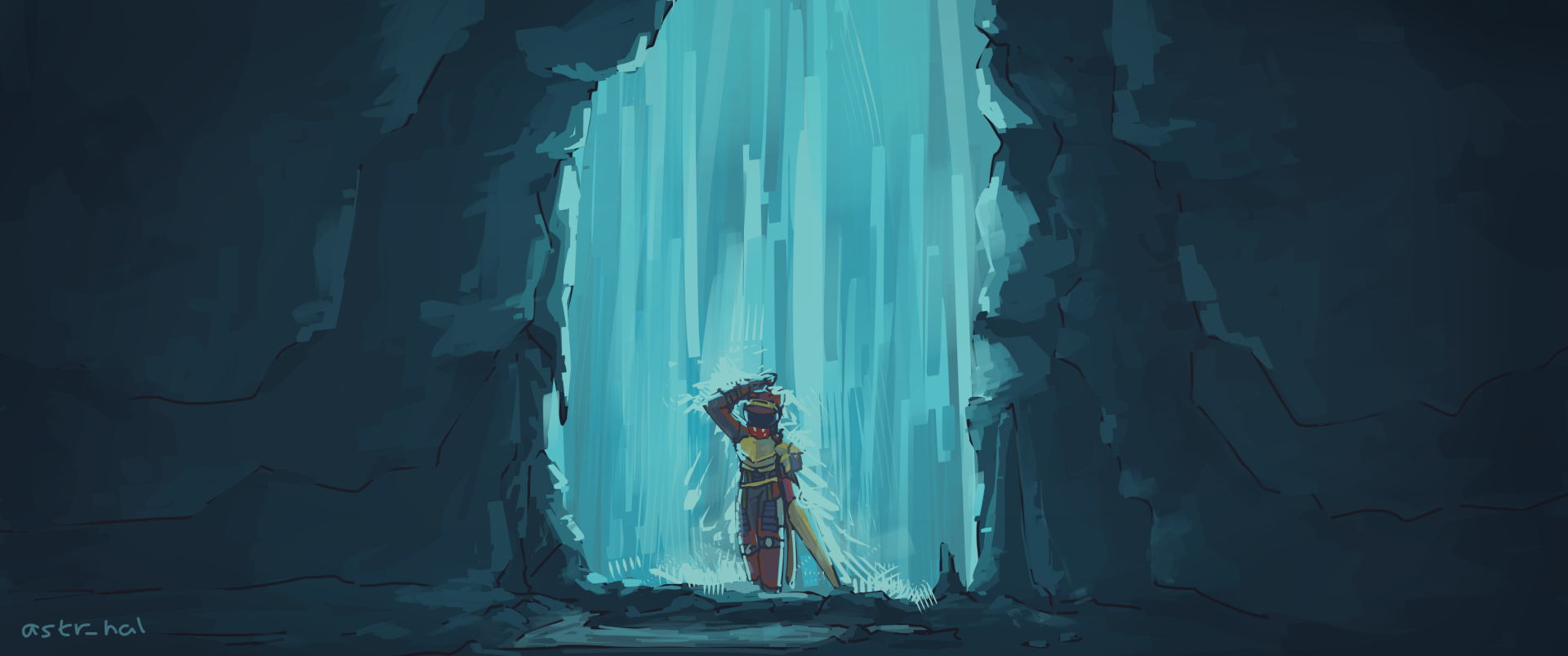 Fiore walking under a waterfall into a big cave.