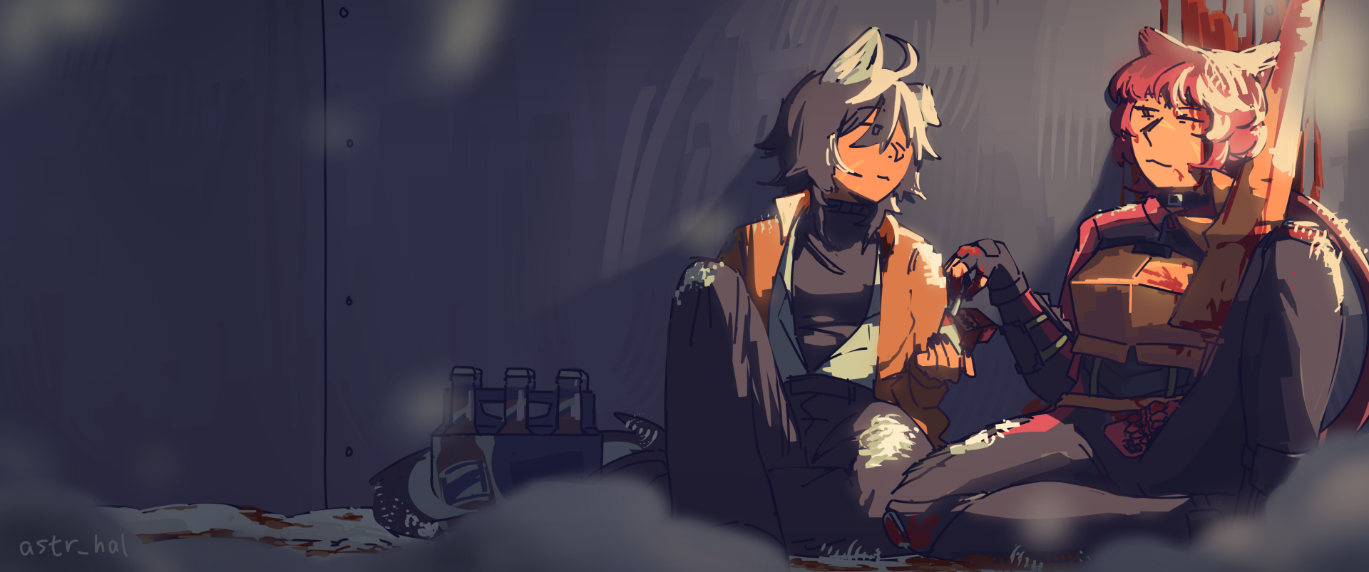 Ethan offering Fiore a cig as she's beaten up, leaning on a wall.