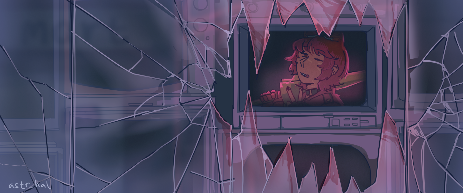 Fiore posing in front of a window, framed by broken glass in the shape of fangs.