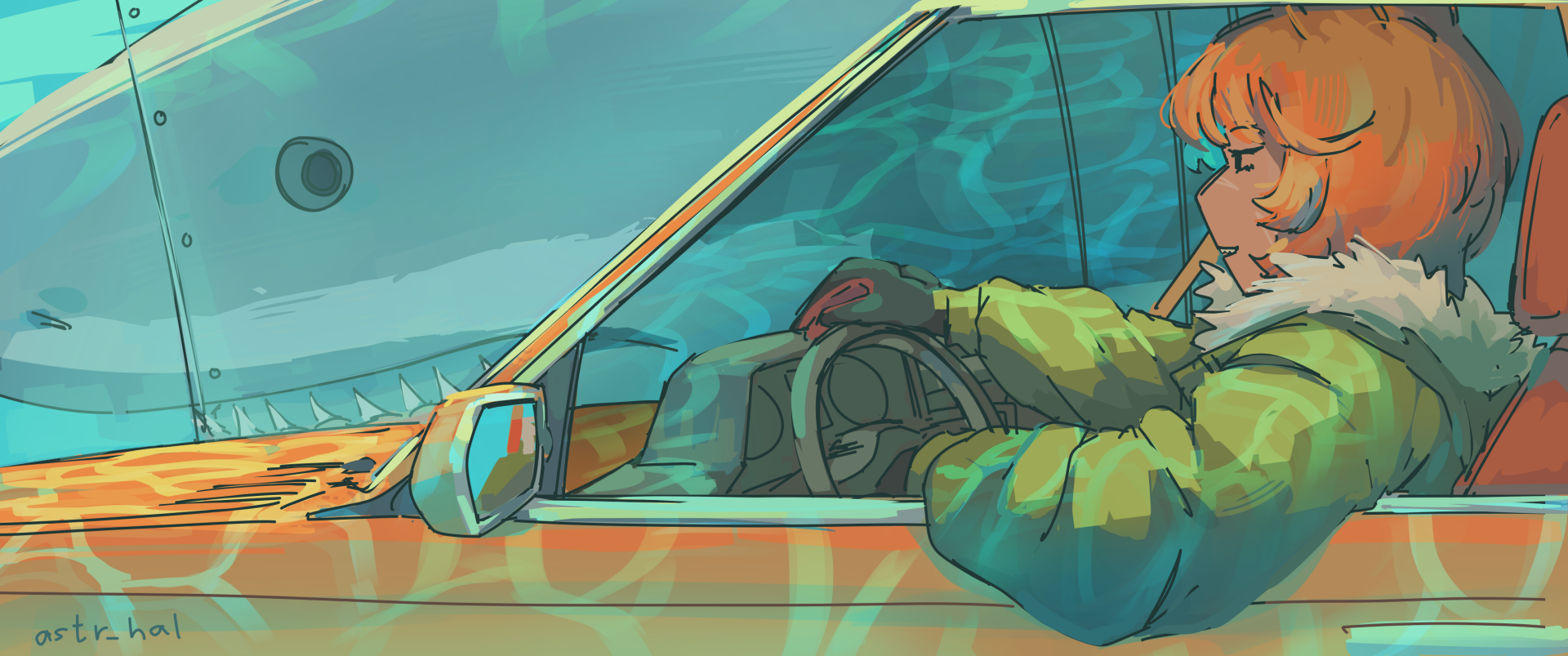 Fiore driving through an underwater tunnel. A shark stares at her.