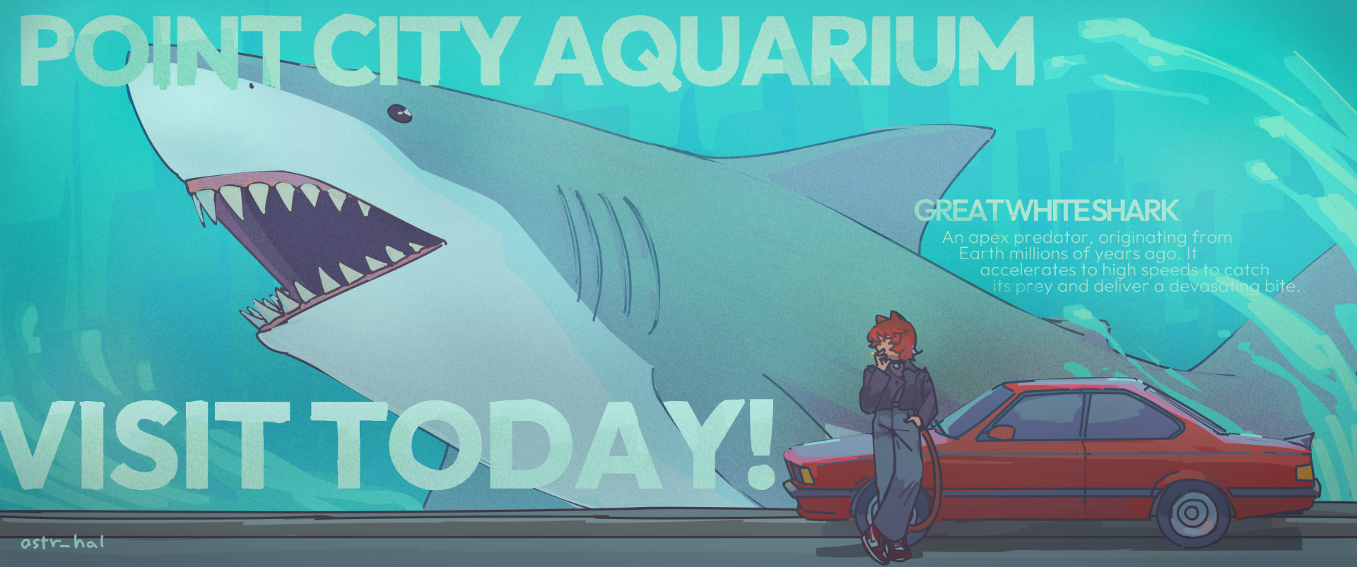 Fiore and a BMW E24 M6, aka the Shark, in front of a shark ad for an aquarium.