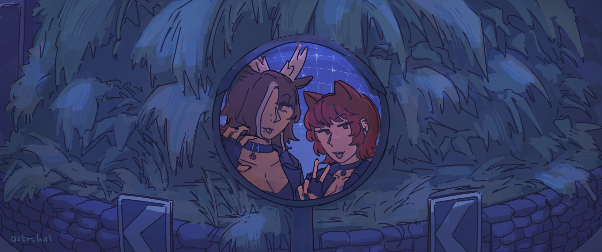 Camille and Fiore posing in front of a convex mirror.