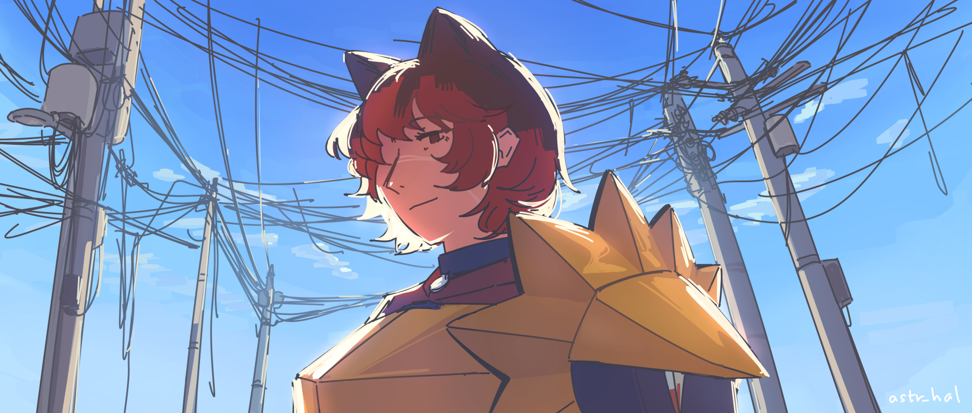 Fiore smiling warmly at the viewer, framed by messy powerlines.