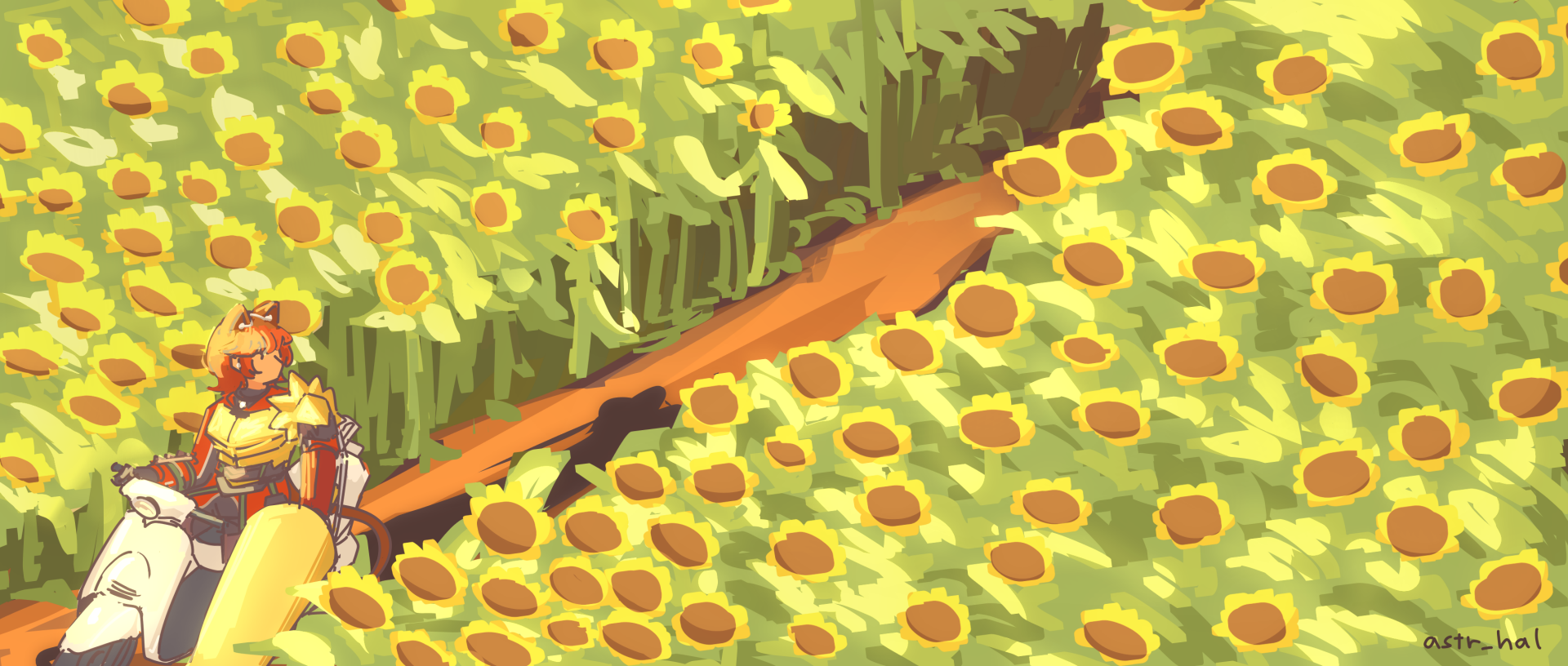 Fiore driving a scooter in a sunflower field.