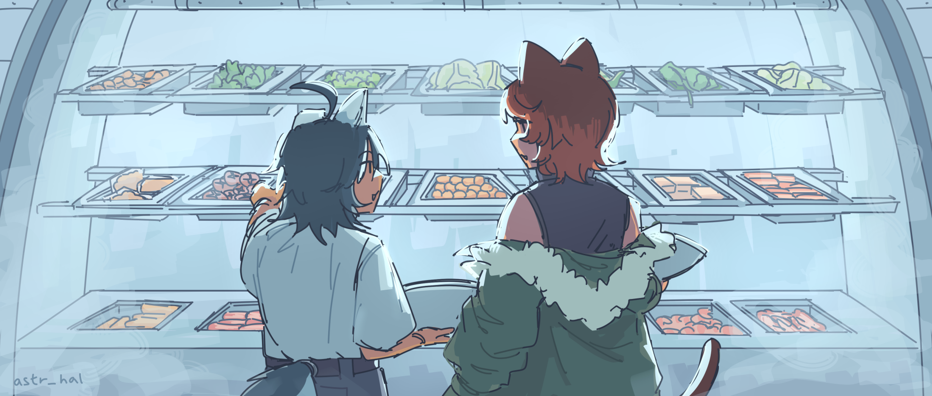 Ethan and Fiore at a Malatang restaurant, standing in front of the misted ingredients.