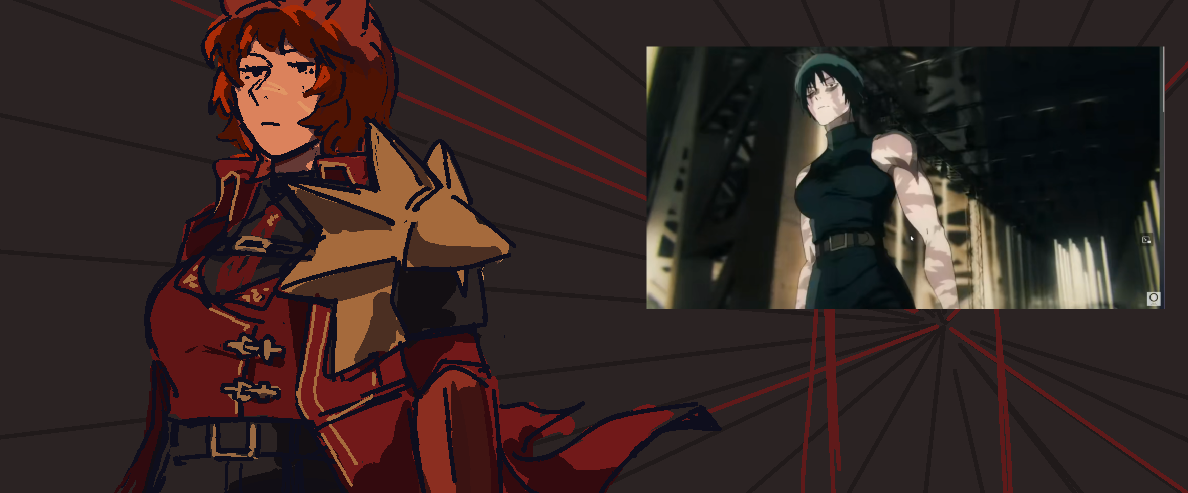 Fiore posing like Maki in the JJK S3 opening.