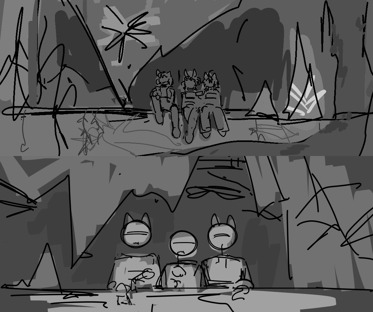 three characters watching fireworks, one closeup and one zoomed out.