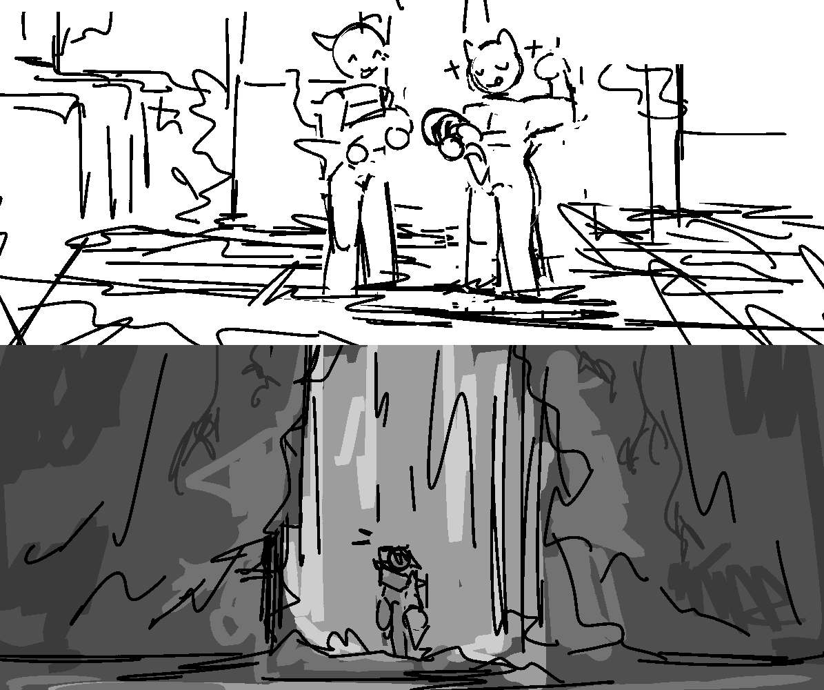 two thumbnails, one of fiore walking through a waterfall, the other is fiore and camille catching fish in a stream.