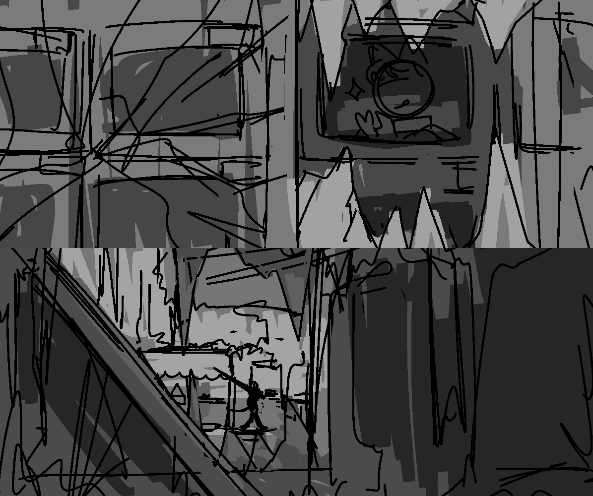 two thumbnails. in both, fiore is framed in broken glass shaped like fangs.