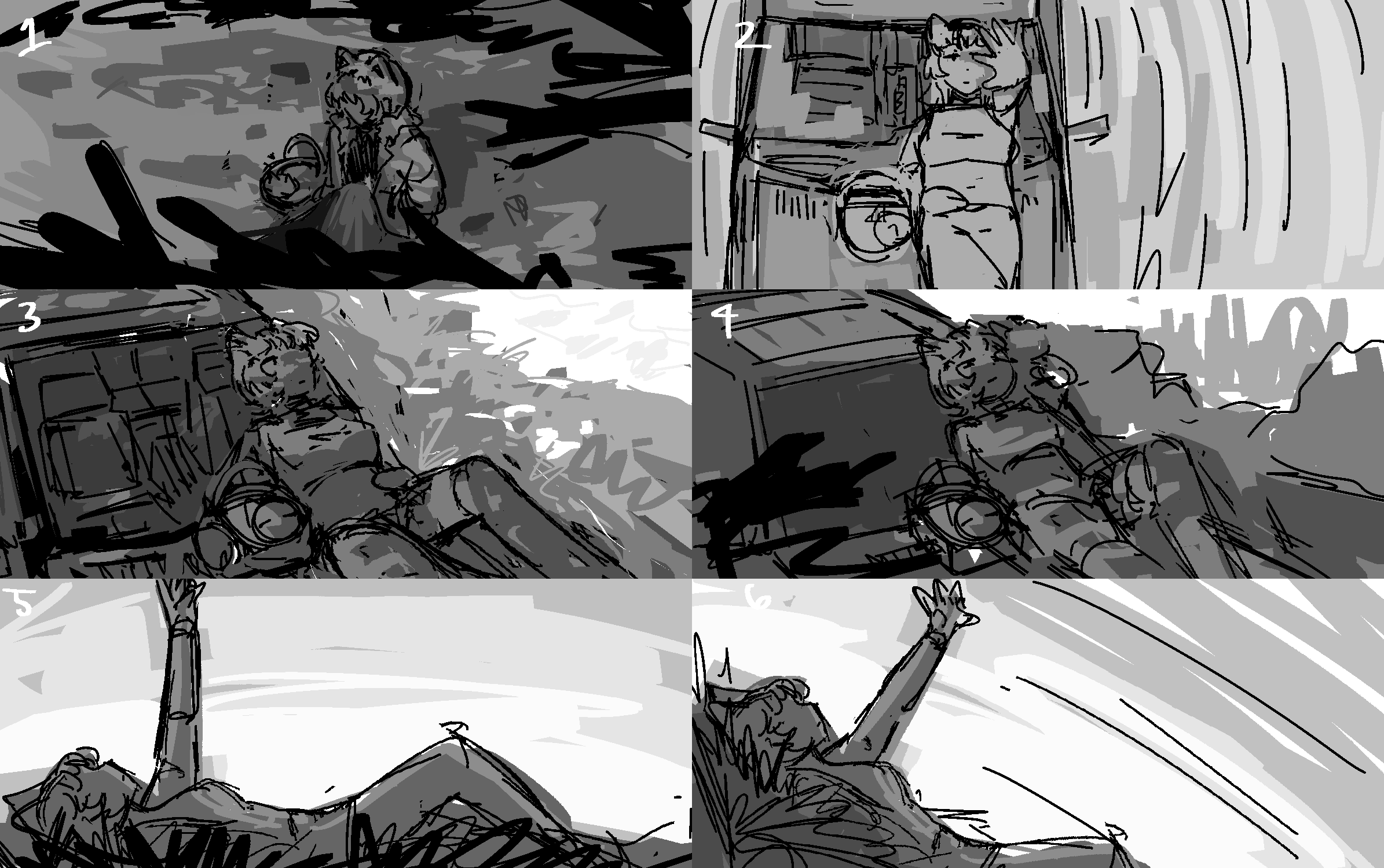 six thumbnails of fiore contemplating.