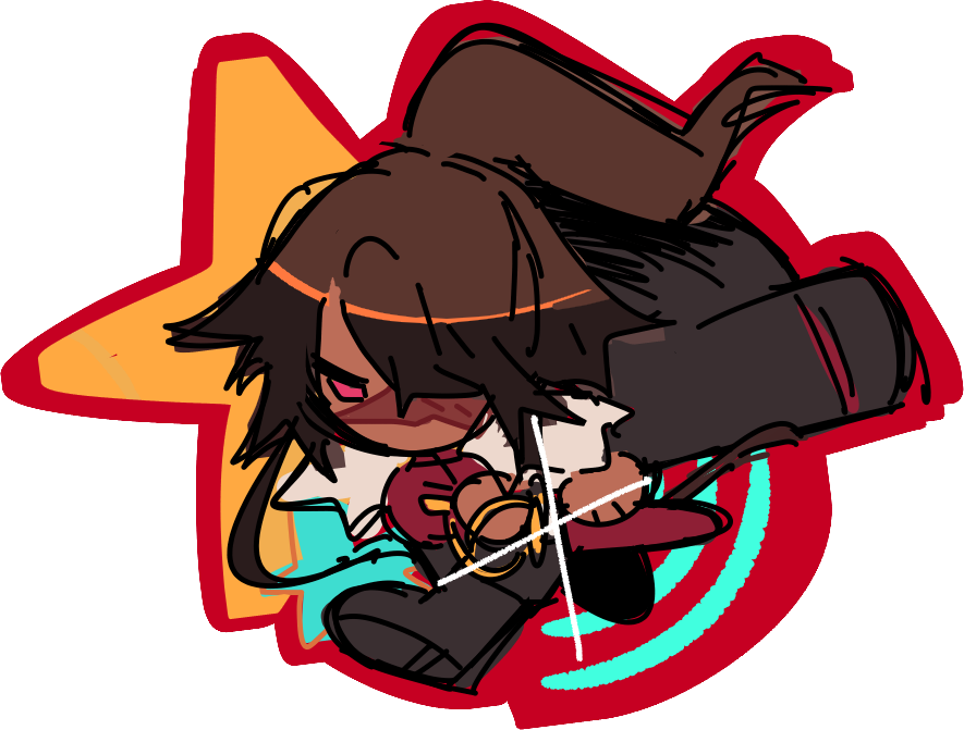 A sticker of a woman unsheathing a blade. She has long, dark hair.