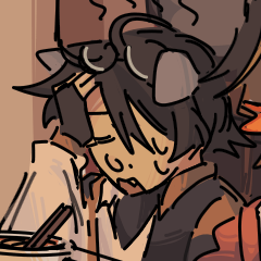 Ethan with a hand on his forehead, an unfinished bowl of spicy noodles next to him.