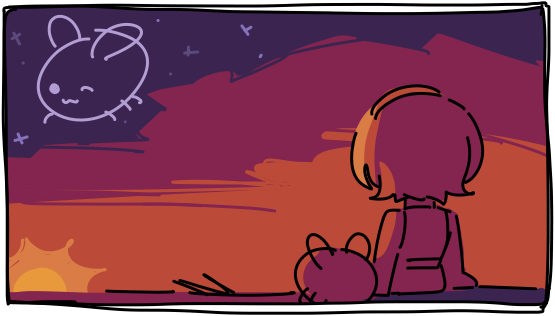 Cohost's Intern Secretary Eggbug and Eggbug watching the sunset, an Eggbug constellation winks at them.